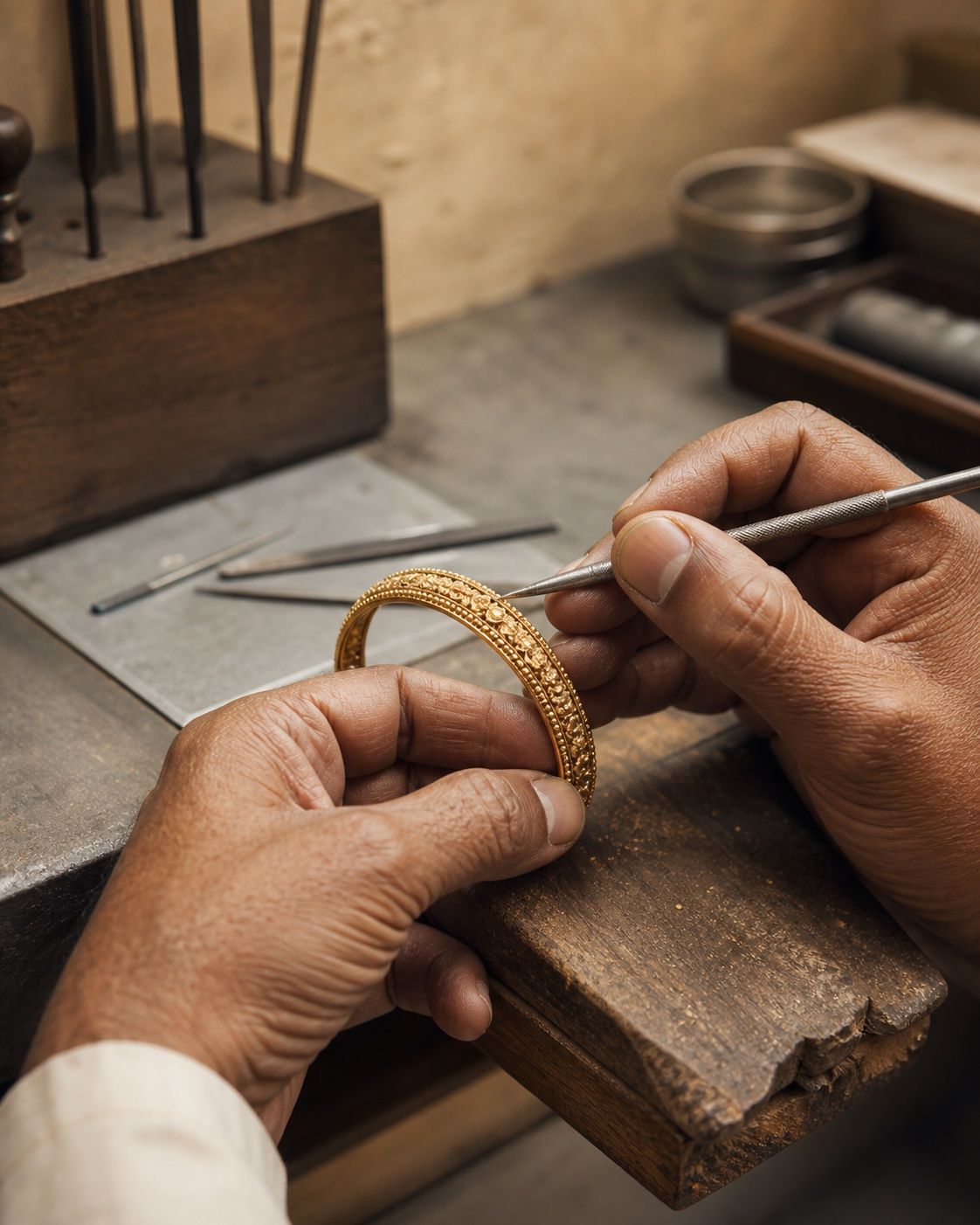 A craftsman engraving detail into a gold bangle on a wooden bench pin