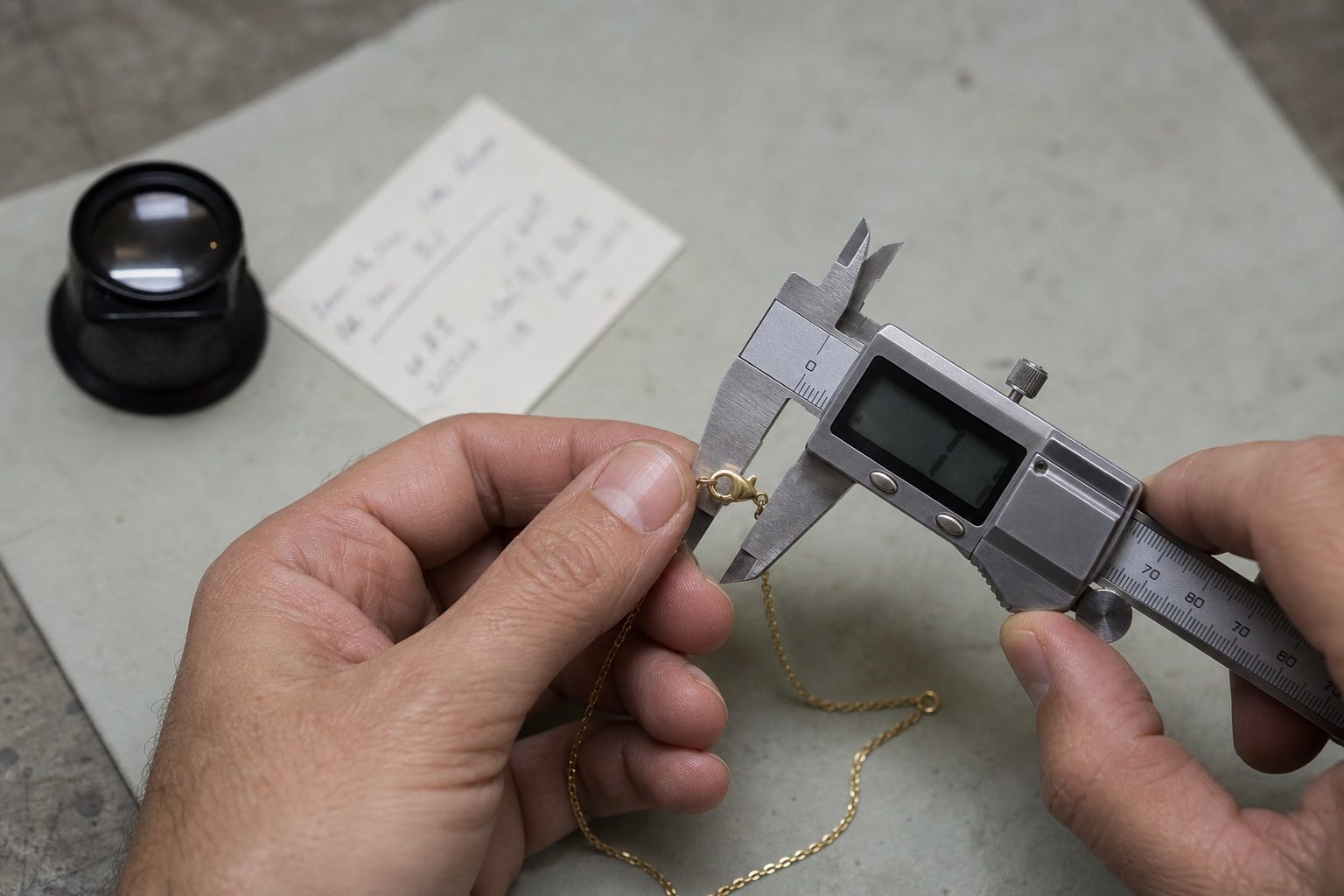 Measuring a fine gold chain with a digital caliper during quality inspection