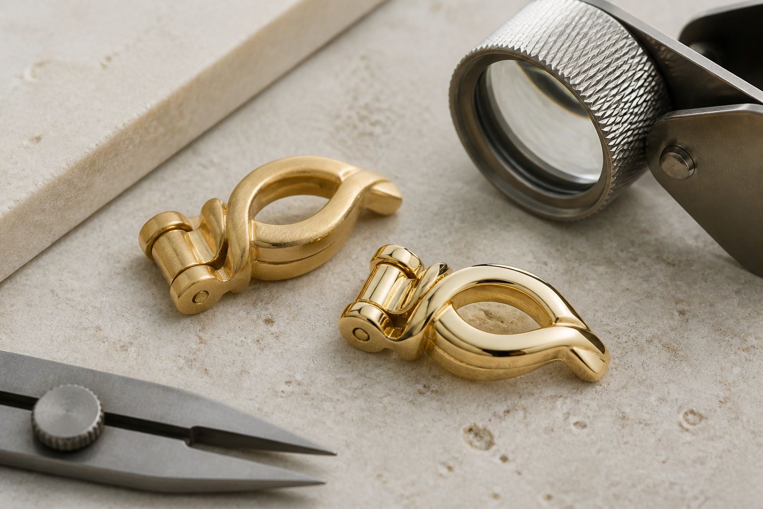 Two polished gold clasp components beside a loupe on a stone workbench