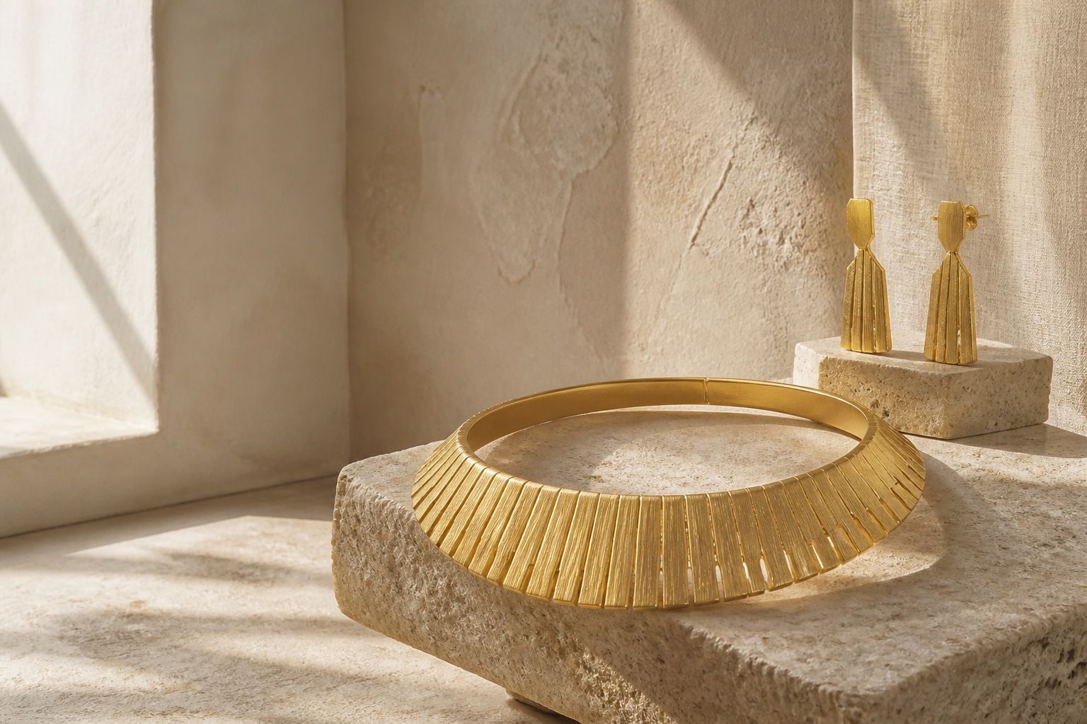 A fluted gold collar necklace with matching earrings on limestone