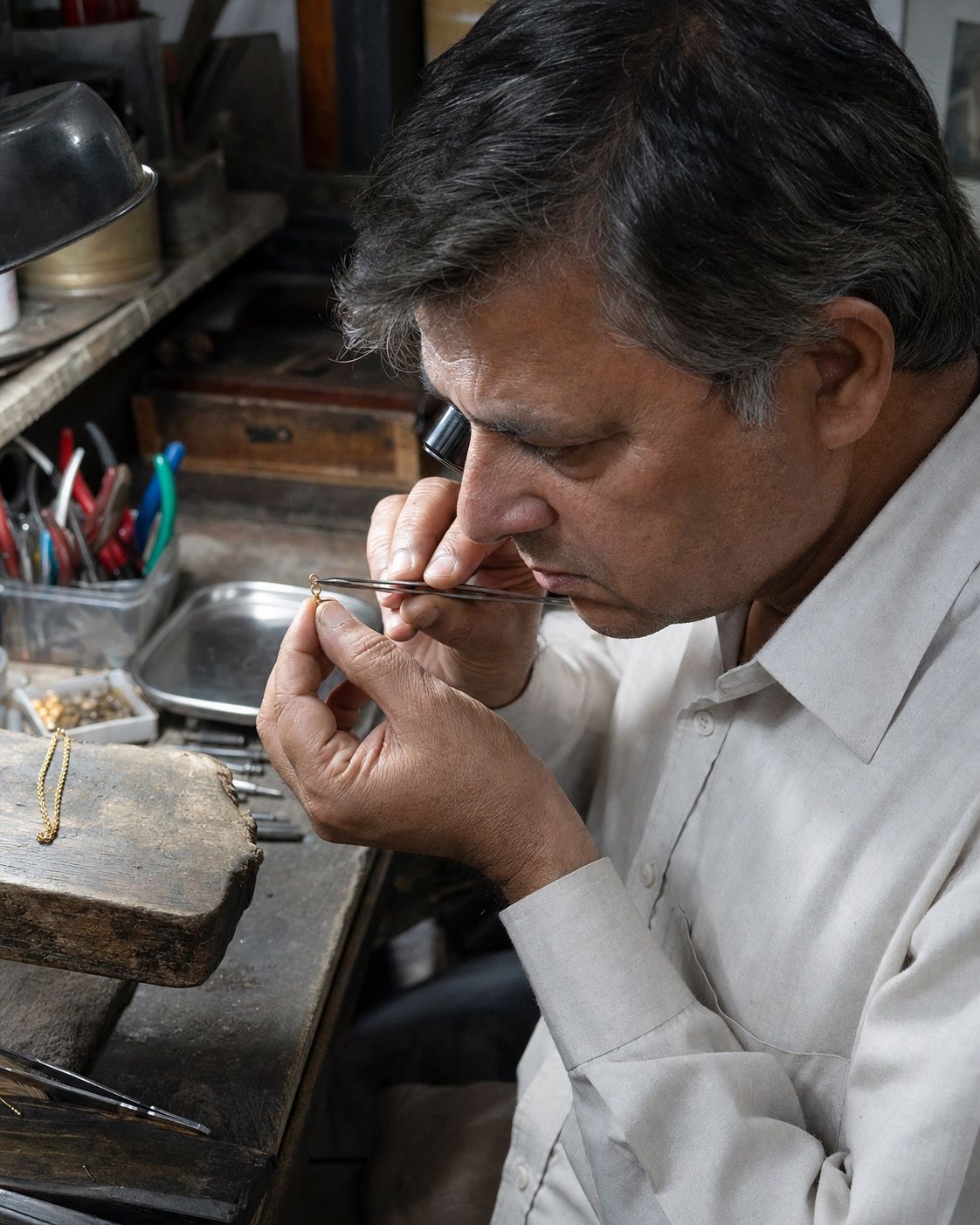 A goldsmith examining a fine gold chain through a loupe at his bench